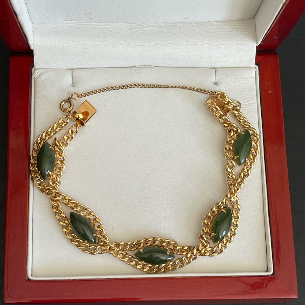Vintage 12KT gold filled genuine green nephrite jade Bracelet.